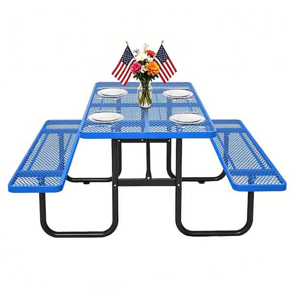 72.2 in. Blue Rectangular Outdoor Steel Picnic Table with Umbrella Hole and 2 Built-in Benches