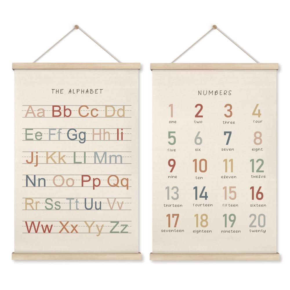 2-Piece 16 in. x 24 in. Alphabet and Number Poster Wall Art Hanger with Woo