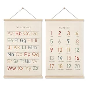 2-Piece 16 in. x 24 in. Alphabet and Number Poster Wall Art Hanger with Wooden Frame for Toddler Playroom, Natural