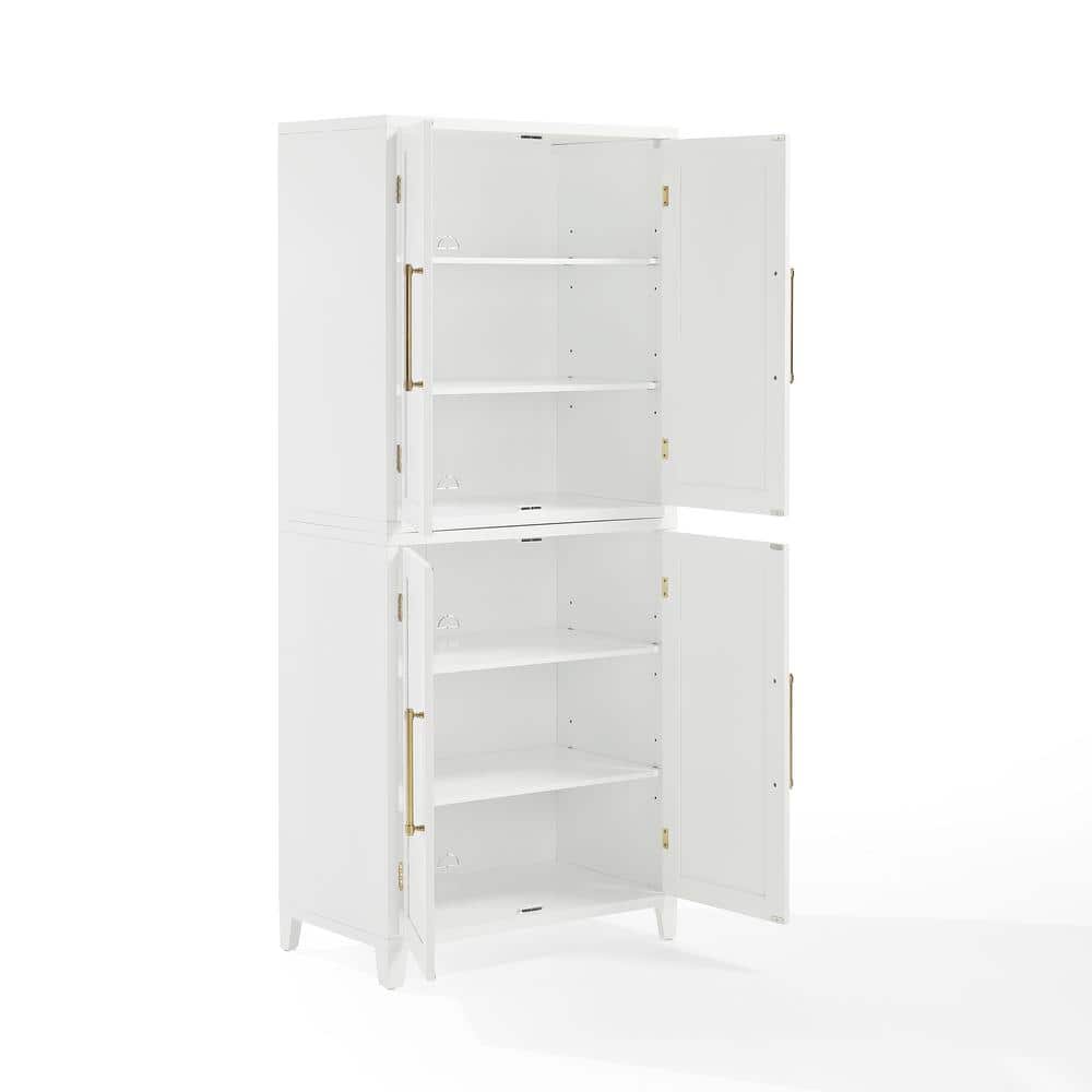 White Recessed Panel Kitchen Pantry Storage Cabinet with Gold Hardware