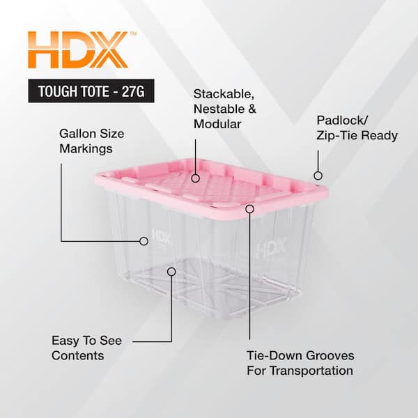 27 Gal. Tough Storage Tote in Clear with Orchid Pink Lid (4-Pack)