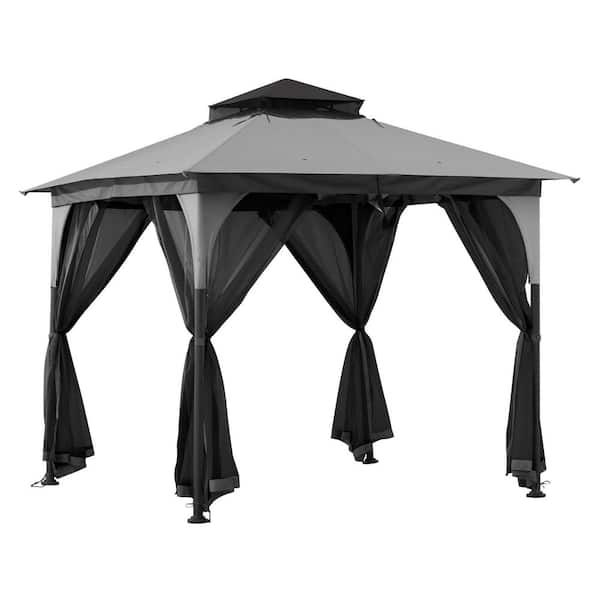 9.5 ft. x 9.5 ft. Soft Top Outdoor Steel Frame Gazebo Canopy with Double Roof and Nettting for Backyard, Grey and Black