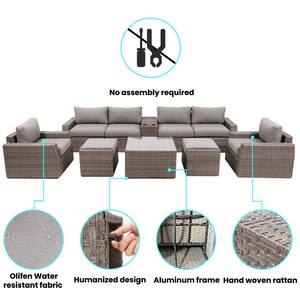 9-Piece All Weather Wicker Patio Conversation Sets with Gray Cushions