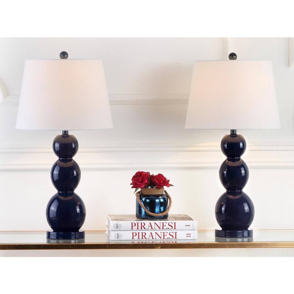 Elegant Navy Glass Table Lamp Set with Graduated Orbs and Off-White Shade