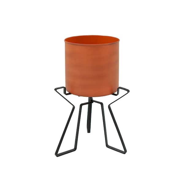 15"H x 9.25"W, Cylinder Burnt Sienna Galvanized Steel Planter Pot w/Black Wrought Iron Plant Stand, Indoor Outdoor Use