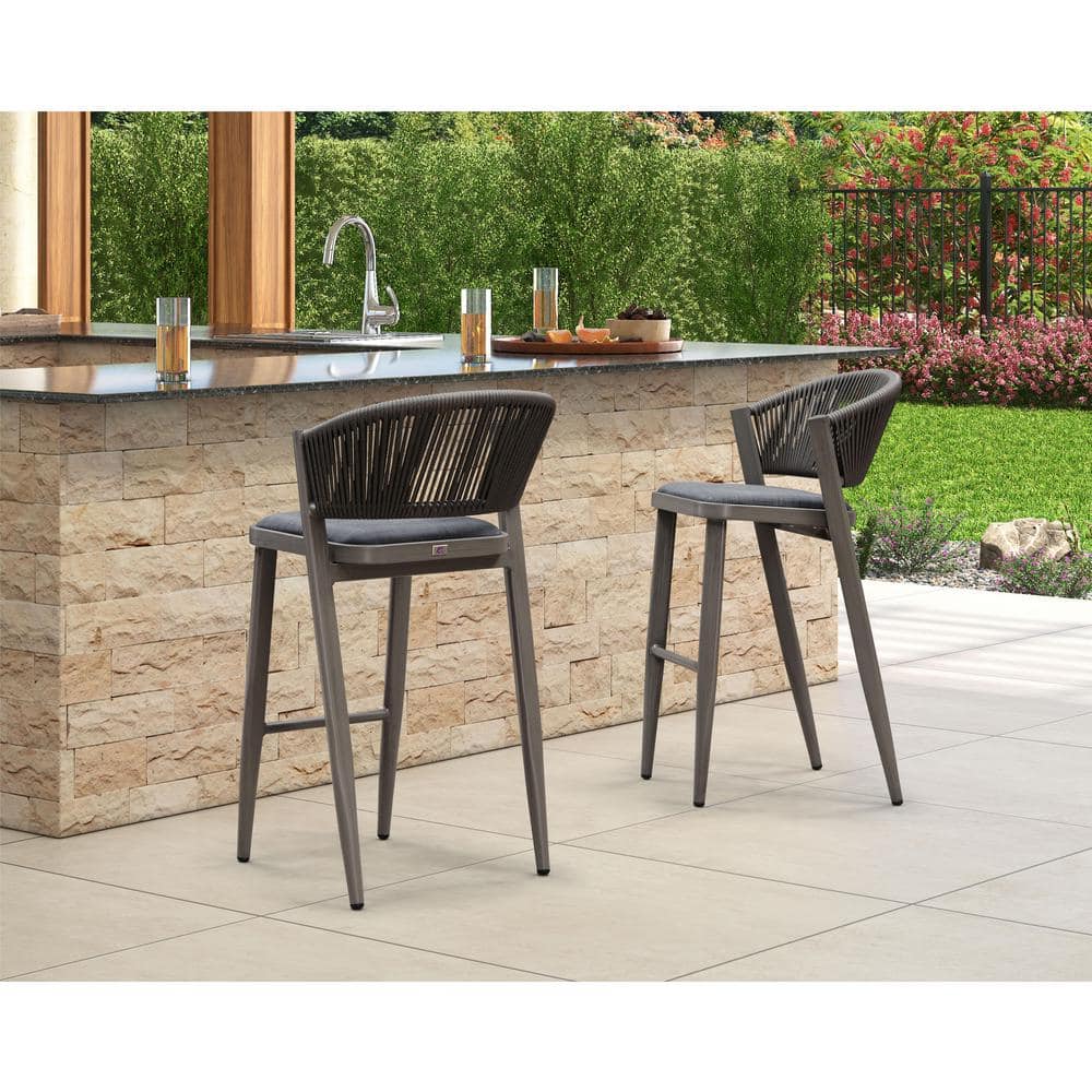 PURPLE LEAF Modern Aluminum Low Back Rattan Bar Height Outdoor Bar Stool with Backrest and Gray