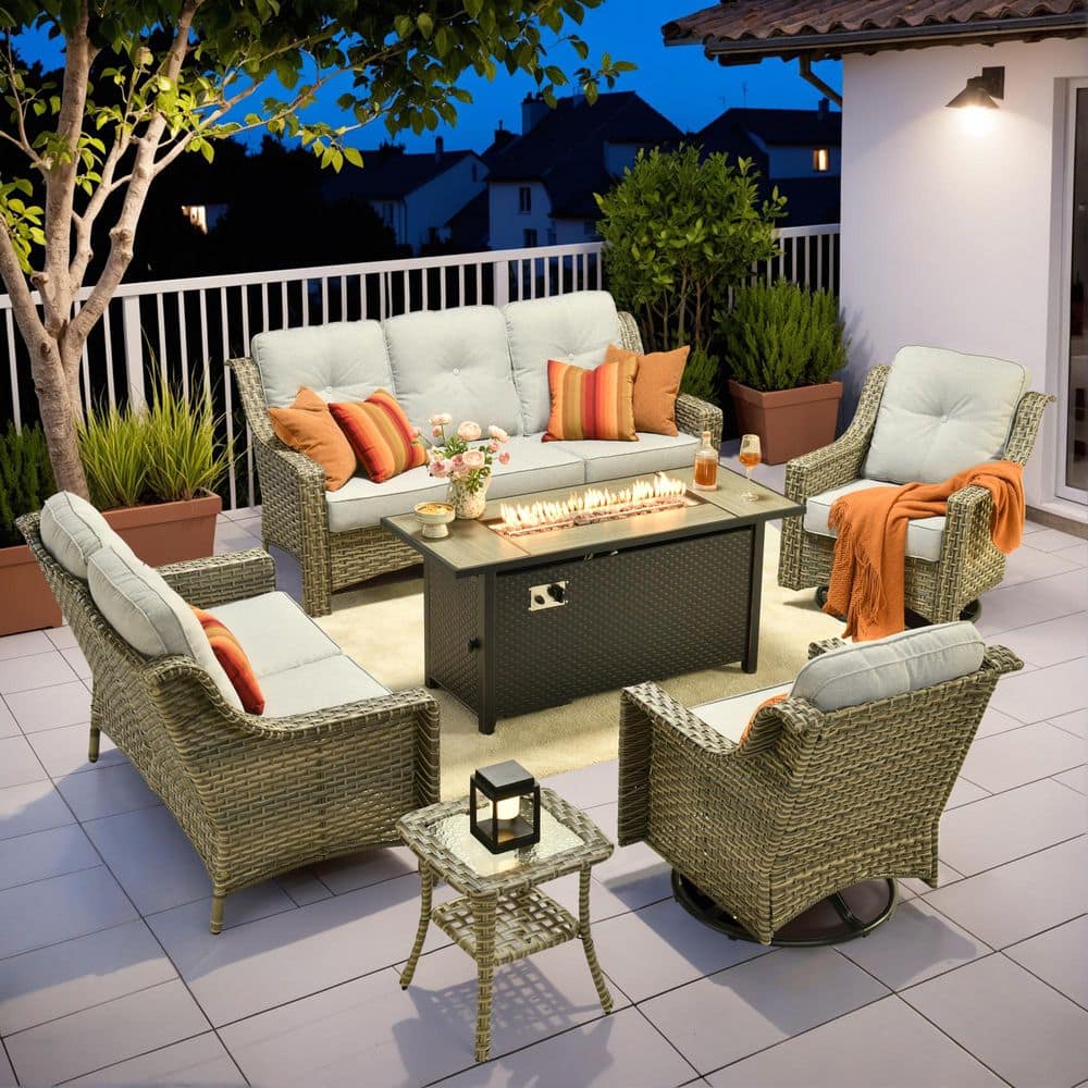 Tulip P 6-Piece Wicker Patio Fire Pit Conversation Set with Gray Cushions and Swivel Chairs