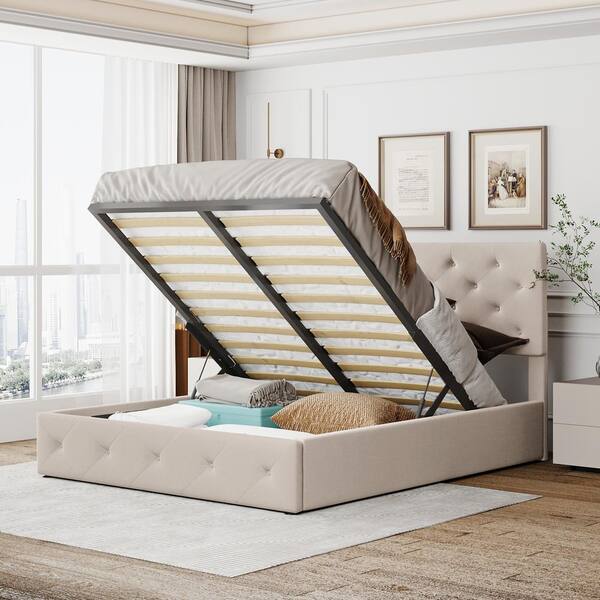 beige queen bed frame with storage