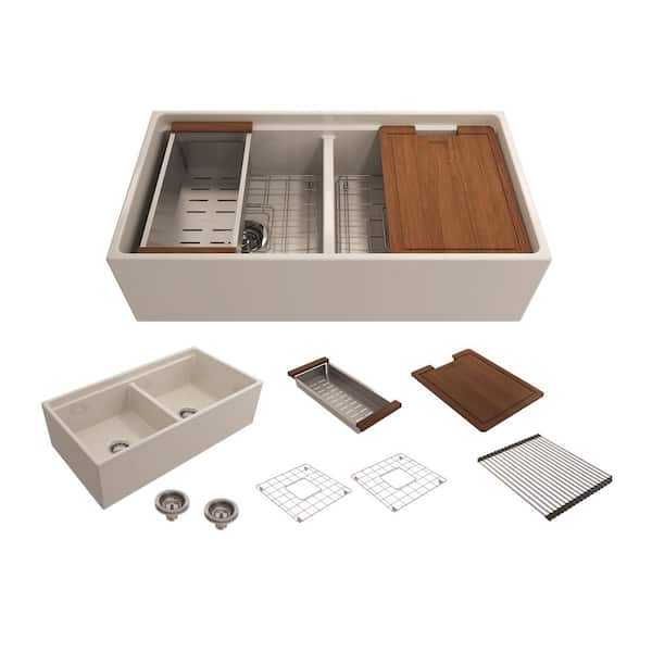 BOCCHI Step-Rim Biscuit Fireclay 36 in. Double Bowl Farmhouse Apron Front Workstation Kitchen Sink w/ Accessories