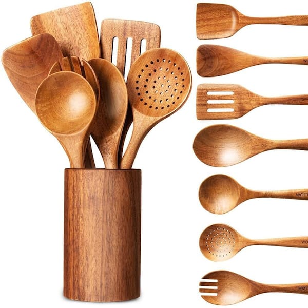 8-Piece Wooden Utensil Set for Cooking with Spoons, Spatulas, Ladles, Strainer Spoon, Fork, Mixing Spoon and Holder
