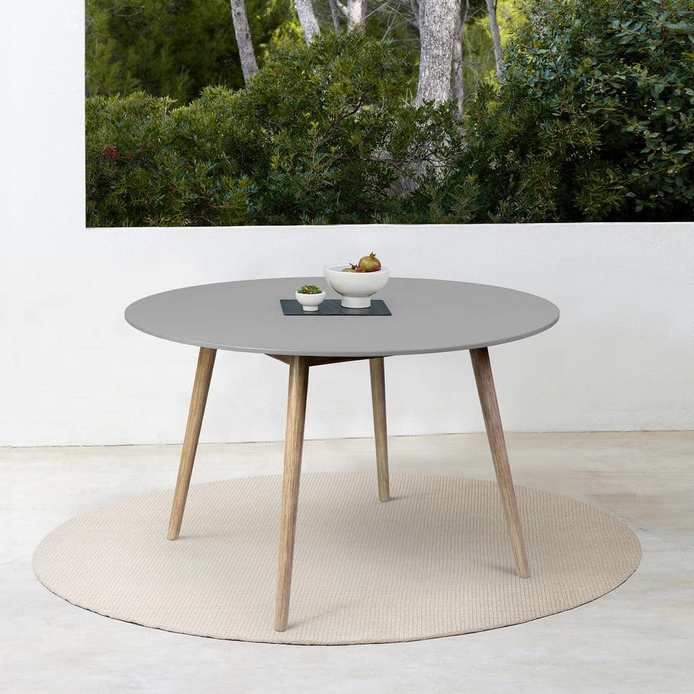 Armen Living Sydney Outdoor Patio Round Dining Table in Light Eucalyptus and Gray Stone