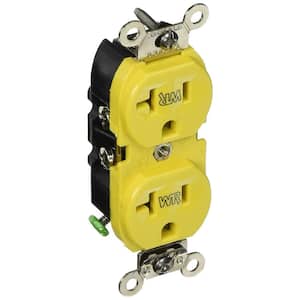 20 Amp Commercial Grade Weather Resistant Backwired Self Grounding Duplex Outlet, Yellow