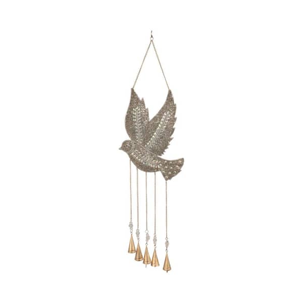 Silver 10 in. x 36 in. Metal Glass Mosaic Dove with Bells Wind Chimes