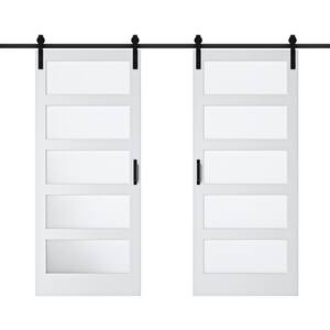 72 in. x 84 in. 5-Lite Frosted Glass White MDF Finished Double Sliding Barn Door Slab with Hardware and Soft Close