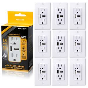 15 Amp Decorator Tamper-Resistant Duplex Outlet and 4.6 Amp USB Charger Receptacle, Wall Plate Included, White (10-Pack)