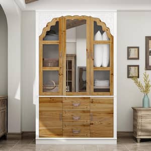 White & Brown Paint Finish Wood 45.7 in. W Bedroom Armoire in Victorian Style, With Mirrored Doors, Hanging Rods, Drawer