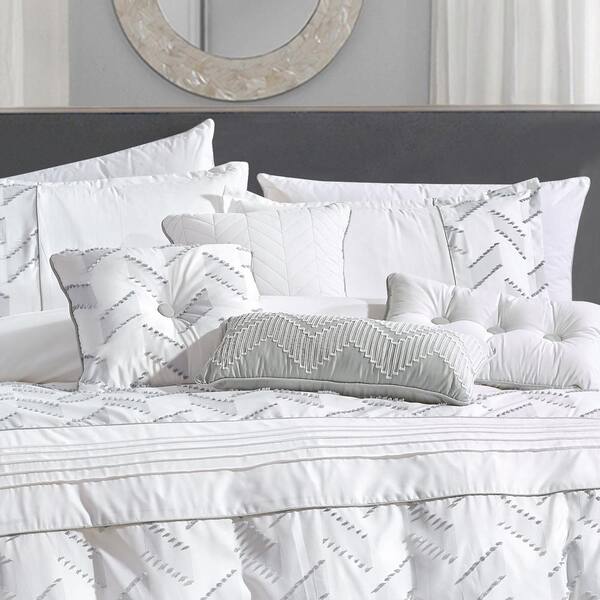 Sx 7 Piece White Patchwork Polyester King Cal Comforter Set Luxury Bed In A Bag J22023 Atiya K Ck The Home Depot Sx 7 Piece White Patchwork, Luxury Cal King Bedding Sets