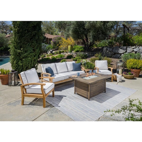 Tortuga Outdoor Indonesian Teak Sofa and Fire Table Patio Conversation Set with Canvas Sunbrella Cushions (5-Piece)
