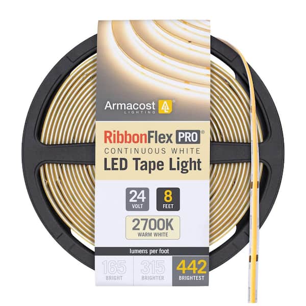 Armacost Lighting RibbonFlex Pro 24-Volt White COB 8.2 ft. Hardwired Dimmable Cuttable Integrated LED Strip Light Tape 2700K 442 Lumens/Ft