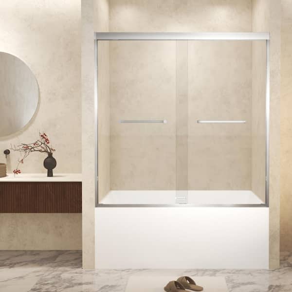 60 in. W x 60 in. H Double Sliding Framed Shower Tub Door in Brushed Nickel Finish with SGCC 1/4'' Clear Tempered Glass
