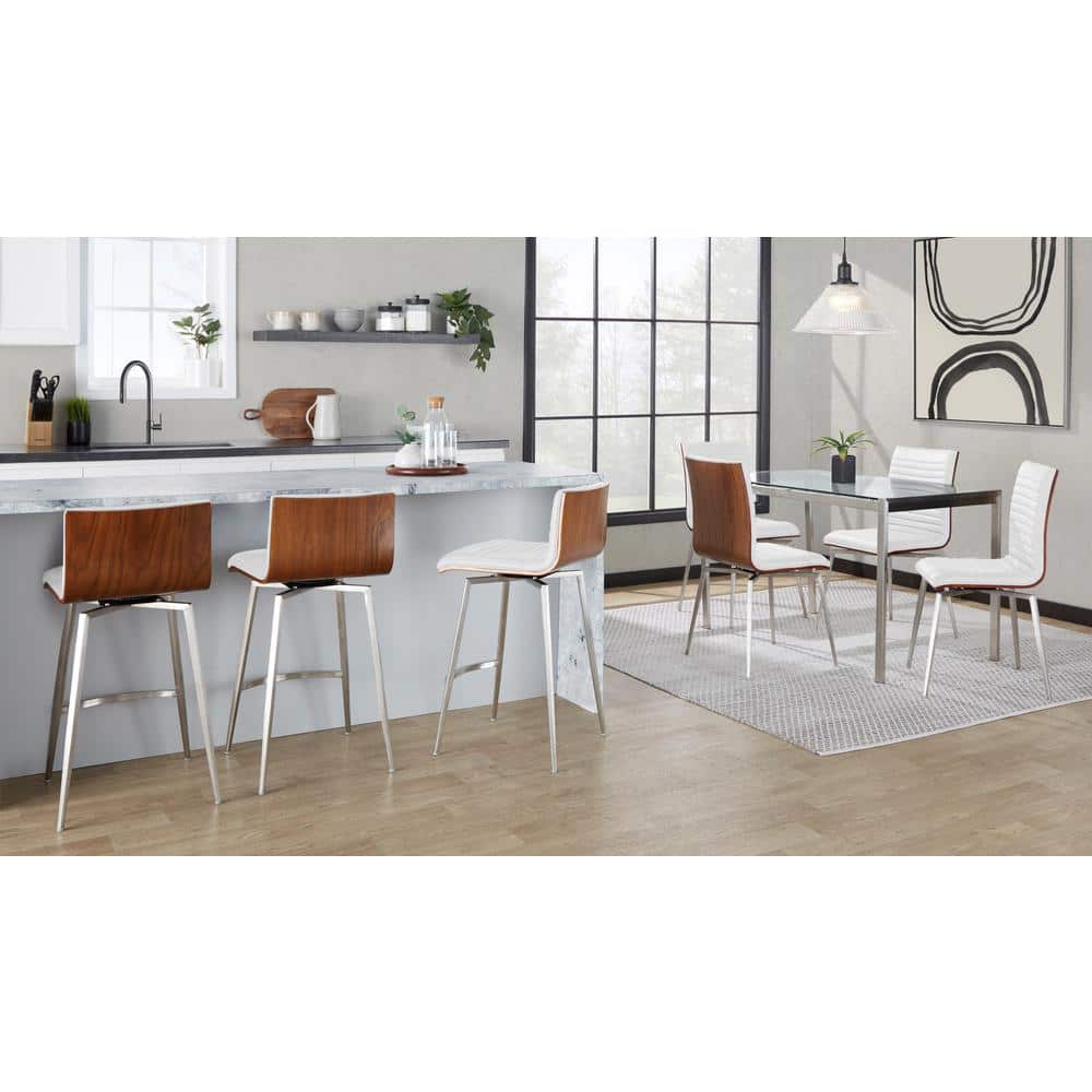Set of 2 White Faux Leather Swivel Counter Stools with Walnut Wood and Stainless Steel