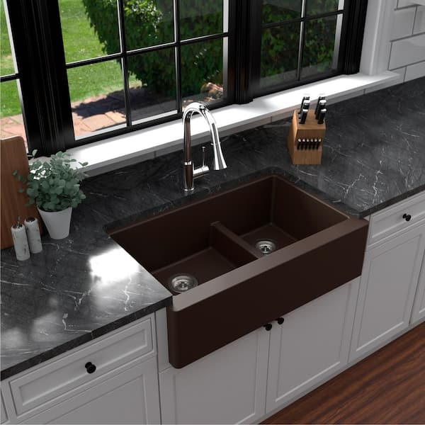 Karran Farmhouse/Apron-Front Quartz/Granite Composite 34 in. Double Offset Bowl Kitchen Sink in Brown