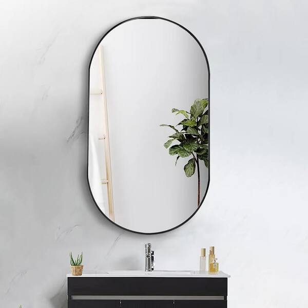 Black Metal Framed Oval Vanity Wall Mirror with Shelves