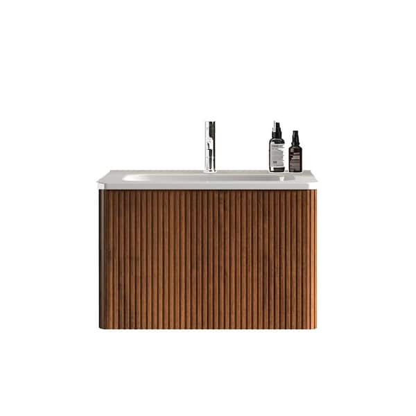 FUNKOL 18.3 in. W x 24.01 in. D x 15.6 in. H Wall Mounted Floating Bathroom Vanity in Walnut with White Ceramic Top and 1 Sink