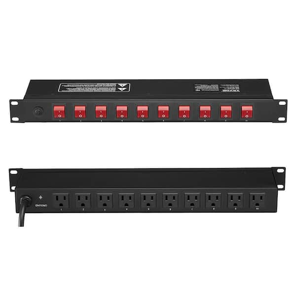 VEVOR 1U PDU 10 Outlets Rack Mount Power Strip Fits Standard with Independent Switch Surge Protection and Overload Protection