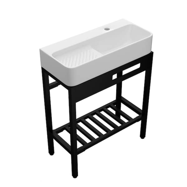 28 in. Vintage-Inspired White Ceramic Console Sink with Built-in Washboard, Overflow and Sleek Black Legs