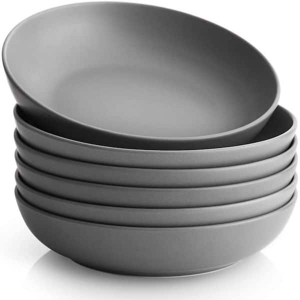 6-Pack 30 fl. oz. Gray Porcelain Salad Bowls, Pasta Bowls, Wide and Shallow Bowls, Microwave & Dishwasher Safe