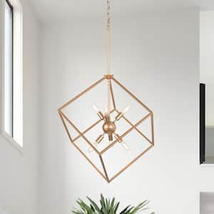 Modern Gold Chandelier with Square Cage 6-Light Geometric Island Pendant with Sputnik Candlestick for Living Room Foyer