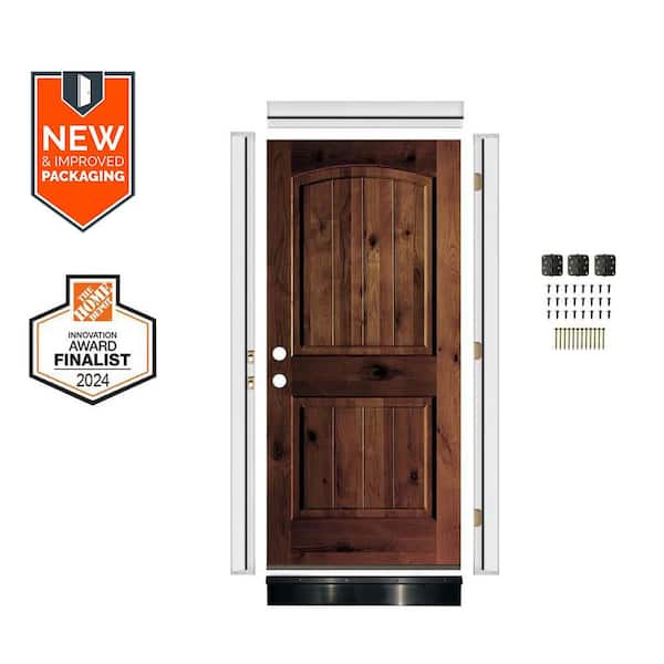 DIY 36 in. x 80 in. Alder 2Panel Right-Hand Arch Top VG Red Mahogany Stain Wood Front Door Kit w/ Quick Assemble Jamb