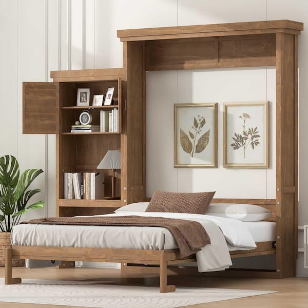 Natural Wood Brown Wood Frame Queen Murphy Bed with Multiple Storage Shelves and Louvered Style Decoration