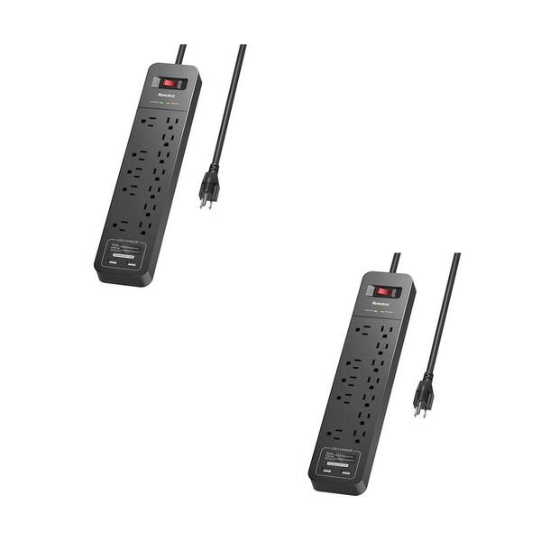 Huntkey Power Strip Surge Protector with 12 AC Sockets and 2 USB Charging Ports in Black (2-Pack)