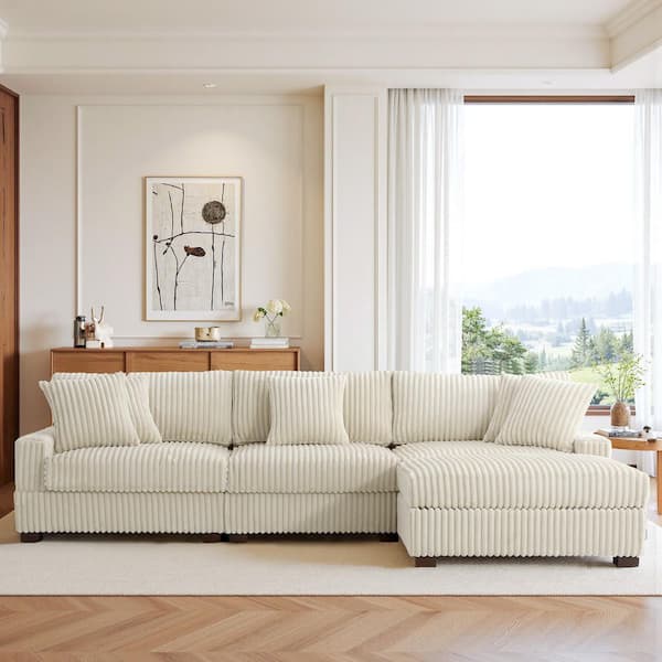 118.31 in. W Modern Square Arm 4-Piece Faux Rabbit Fur Fabric L-Shaped Modular Sectional Sofa in. White