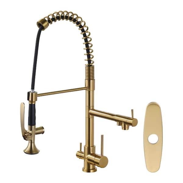 Double Handle 3 in 1 Solid Brass Pull Down Sprayer Kitchen Faucet with Drinking Water and Deckplate in Brushed Gold