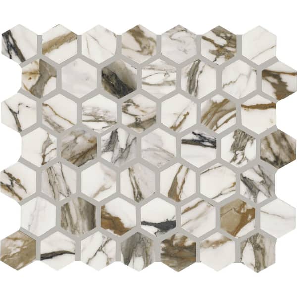 Wenrose Calacatta Topaz 2-1/2 in. x 3 in. Matter Ceramic Hexagon Mosaic Tile Sample