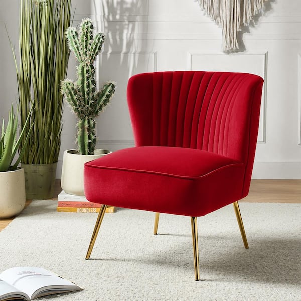 Monica Modern Red Velvet Comfy Living Room Side Chair with Golden Metal Legs