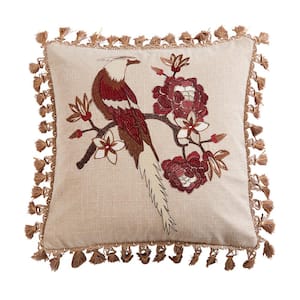 Astrid Burgundy Red, Brown, Cream, Taupe Embroidered Bird, Floral with Tassels All Around 18 in. x 18 in. Throw Pillow