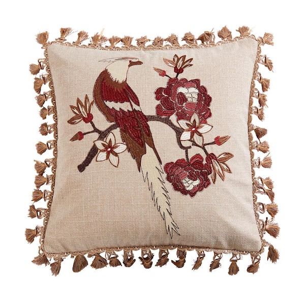 LEVTEX HOME Astrid Burgundy Red, Brown, Cream, Taupe Embroidered Bird, Floral with Tassels All Around 18 in. x 18 in. Throw Pillow