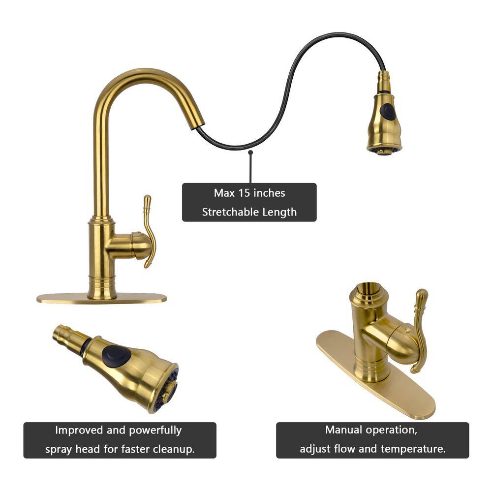 Brass Gold Single Handle Pull-Down Kitchen Faucet