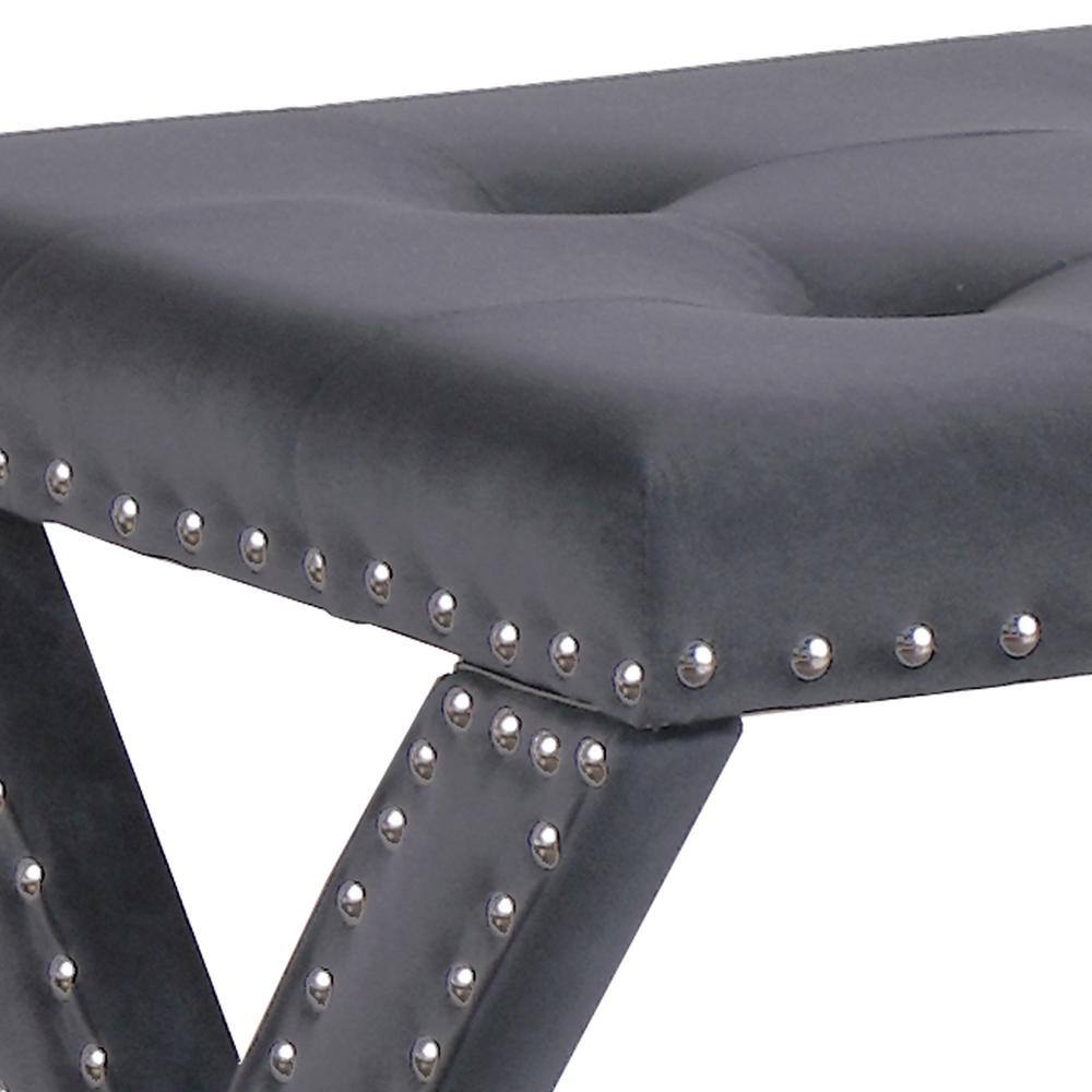 Gray Velvet Upholstered Square Accent Bench with Nailhead Trim