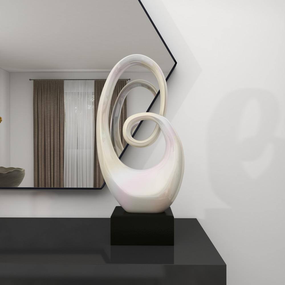 21" White Ceramic Swirl Abstract Sculpture with Black Base