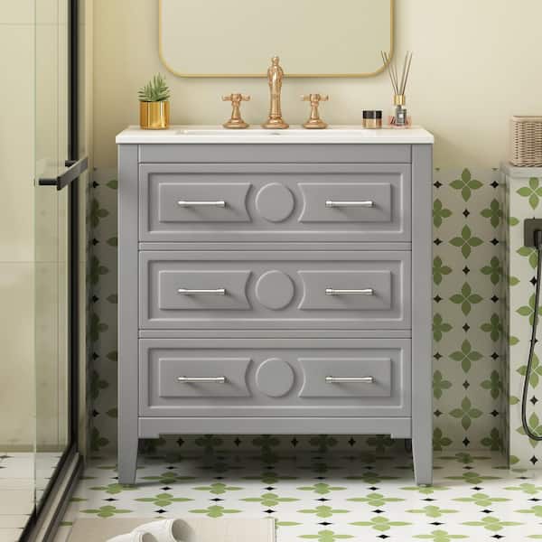 30 in. Single Sink Freestanding Gray Bath Vanity with White Ceramic Top and 3 Drawers Cabinet Unassembled