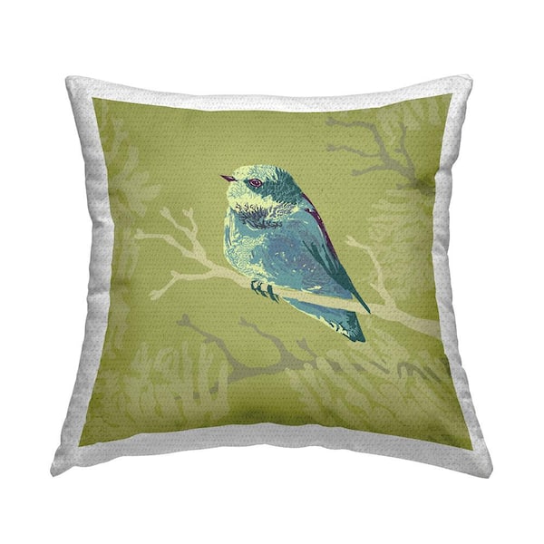 Perched Blue Bird Tree Branch Shapes Green Square Outdoor Throw Pillow
