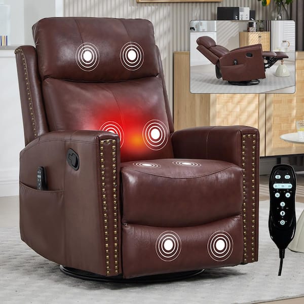 Wine Red Genuine Leather Manual Swivel Recliner Rocker Chair with Massage and Heat, Nailhead Trim, Side Pocket