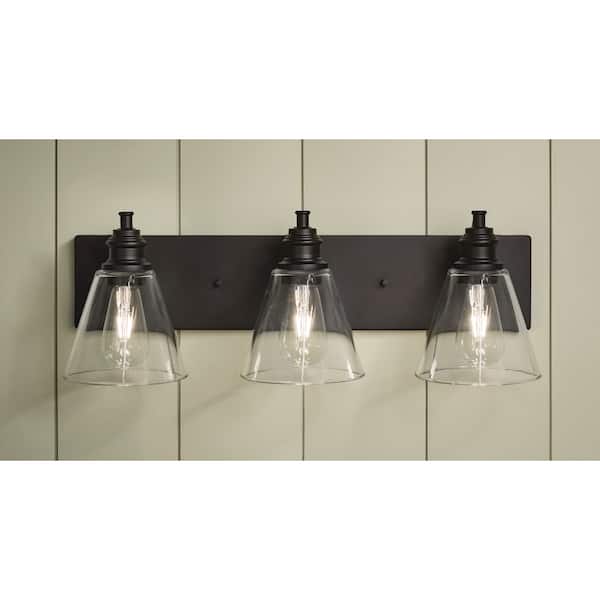 Manor 24 in. Width 3-Light Vanity Light Matte Black Finish Clear Glass Shades