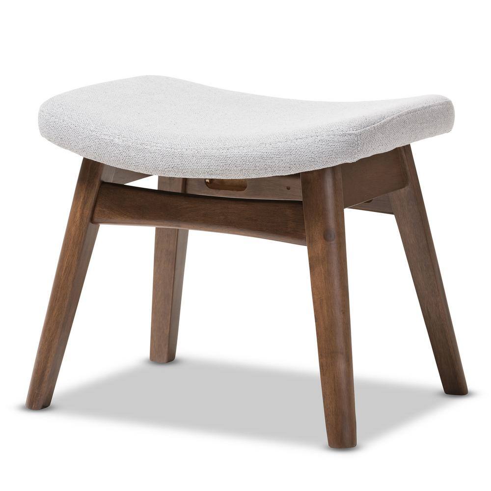 Vera Light Gray Polyester & Walnut Brown Mid-Century Ottoman