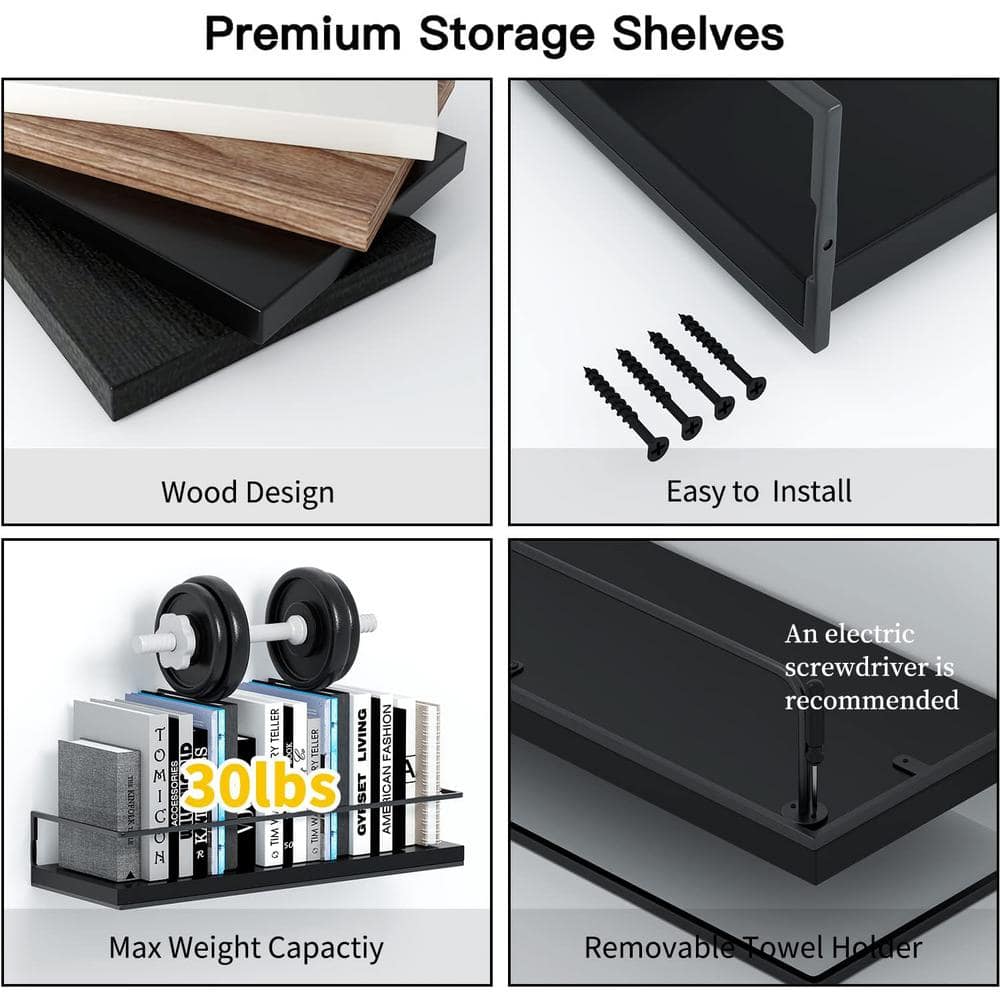 Black Cedar Wood Floating Wall Shelves with Towel Rack